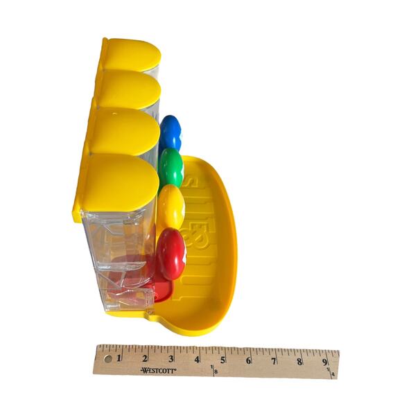 M&Ms World Four Tube CANDY DISPENSER 9x8x5 M&M Holder Food Storage Yellow +Tray - Picture 6 of 8